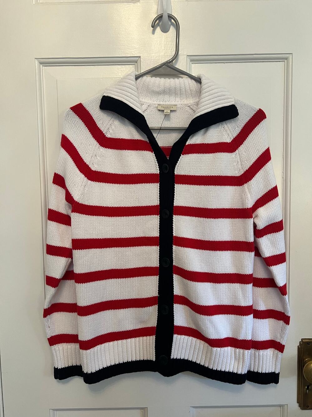 NEW Talbots Cardigan Red White Navy Nautical Stripe Preppy Collar Mariner Wom Sp